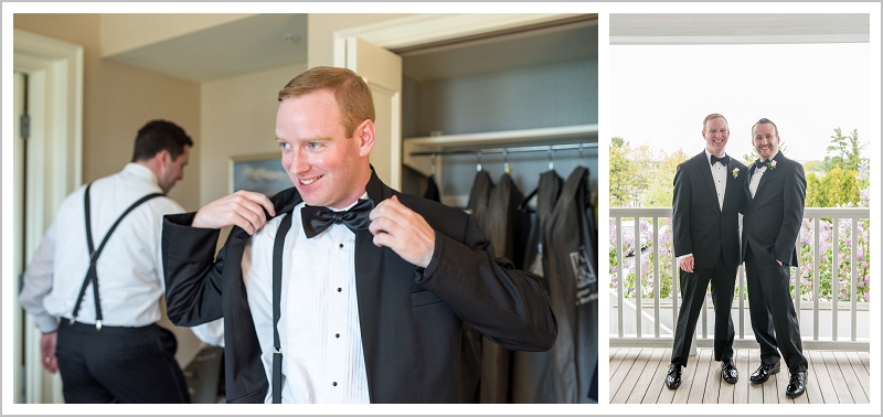 Groom putting on Jacket | Wentworth by the Sea wedding New Hampshire LAD Photography