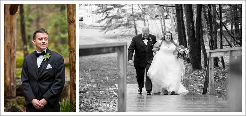 Father walking bride down aisle and groom - Jason and Angela's Hardy Farm Wedding in Fryeburg Maine