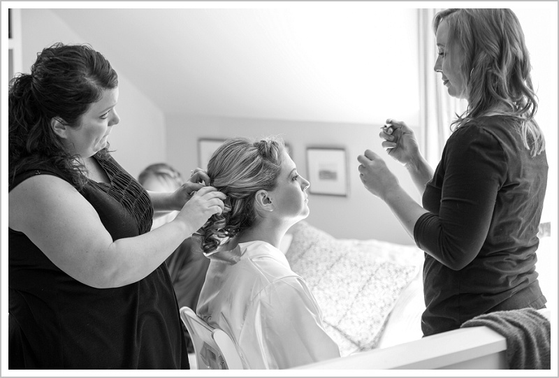 Bride getting hair and makeup done - Adam & Ali's Wedding at The Barn at Walnut Hill | LAD Photography