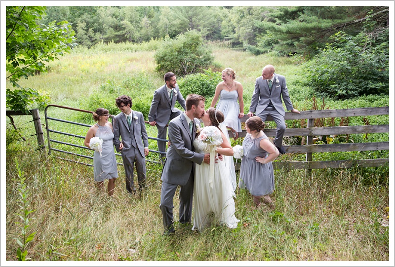 Tyler + Leanne Wedding at Stone Mountain Arts Center - Bridal Party on Fence