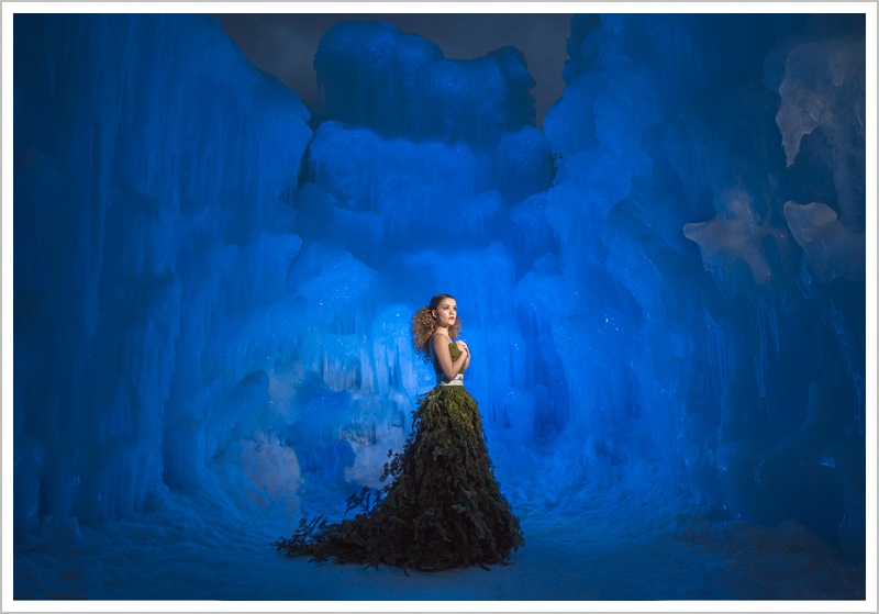 Fashion Concept Photo Shoot with Pine Tree Dress at the Ice Castles