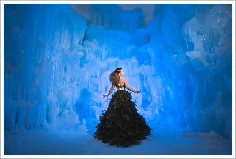 Fashion Concept Photo Shoot with Pine Tree Dress at the Ice Castles