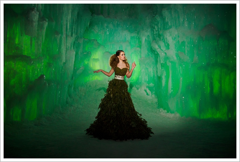 Fashion Concept Photo Shoot with Pine Tree Dress at the Ice Castles