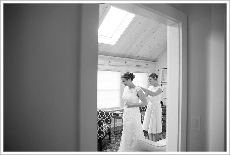 Robert and Morgan's Pemaquid Point Wedding - putting on the dress - LAD Photography