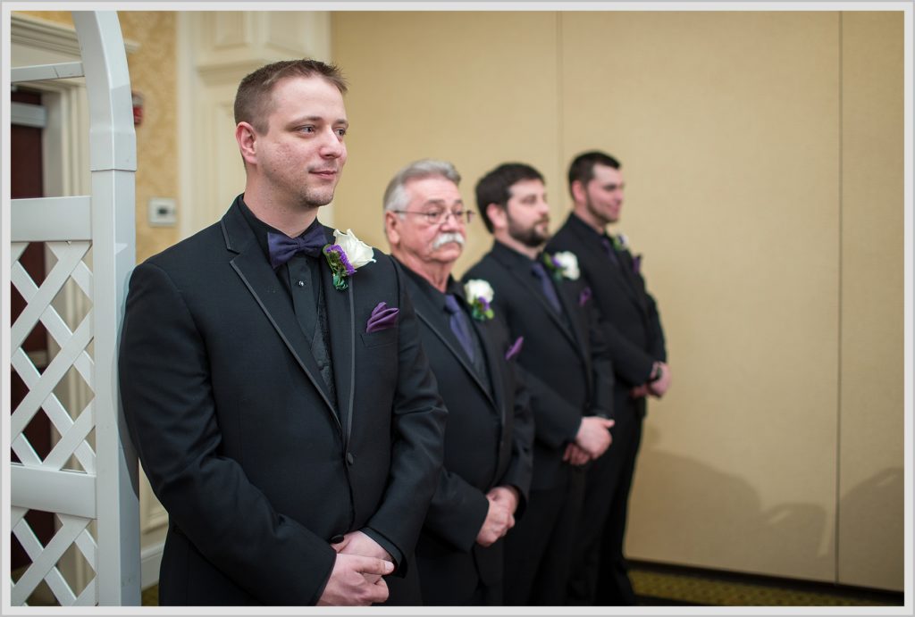 Groom and Groomsmen in black and purple accents