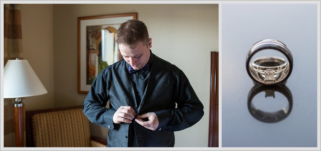 Groom getting ready in black and Purple