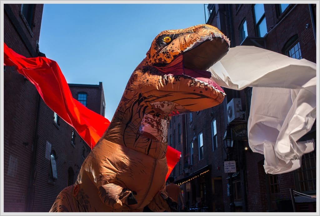 T-Rex in Portland Maine with flowing fabric