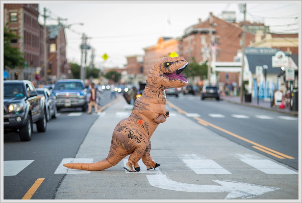 T-Rex in Portland Maine on crosswalk