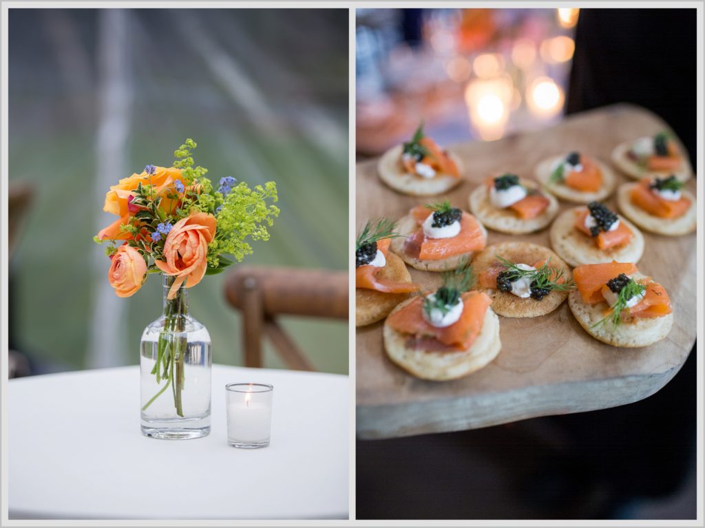 Katie and James' Hidden Pond Wedding | appetizers and flowers on tables