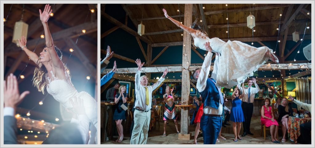 Dan and Amanda's Stone Mountain Arts Center Wedding Featured in Real Maine Weddings | reception dancing, Groom doing lift with Bride