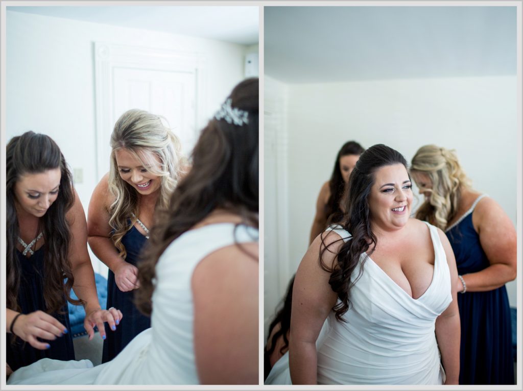 Sean and Nicole Married at York Harbor Inn | bride getting ready with help from bridesmaids