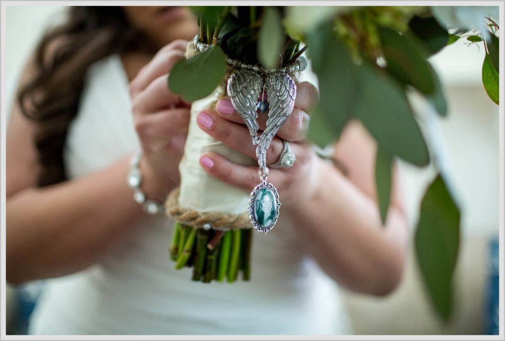 Sean and Nicole Married at York Harbor Inn | bouquet details, angel wings and photo pendant