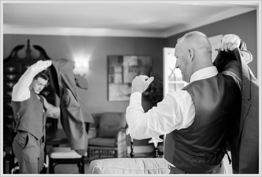 Sean and Nicole Married at York Harbor Inn | groom gettin jacket on