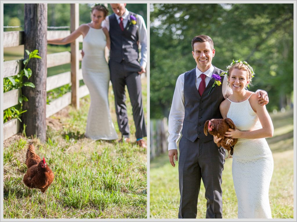 Ryan and Becca's New Hampshire Farm Wedding | Bride and Groom with a chicken