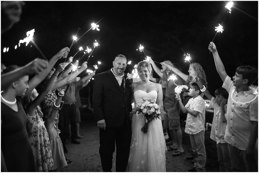 Britt and Jason Funky Bow Wedding | Bride and Groom in Sparkler exit