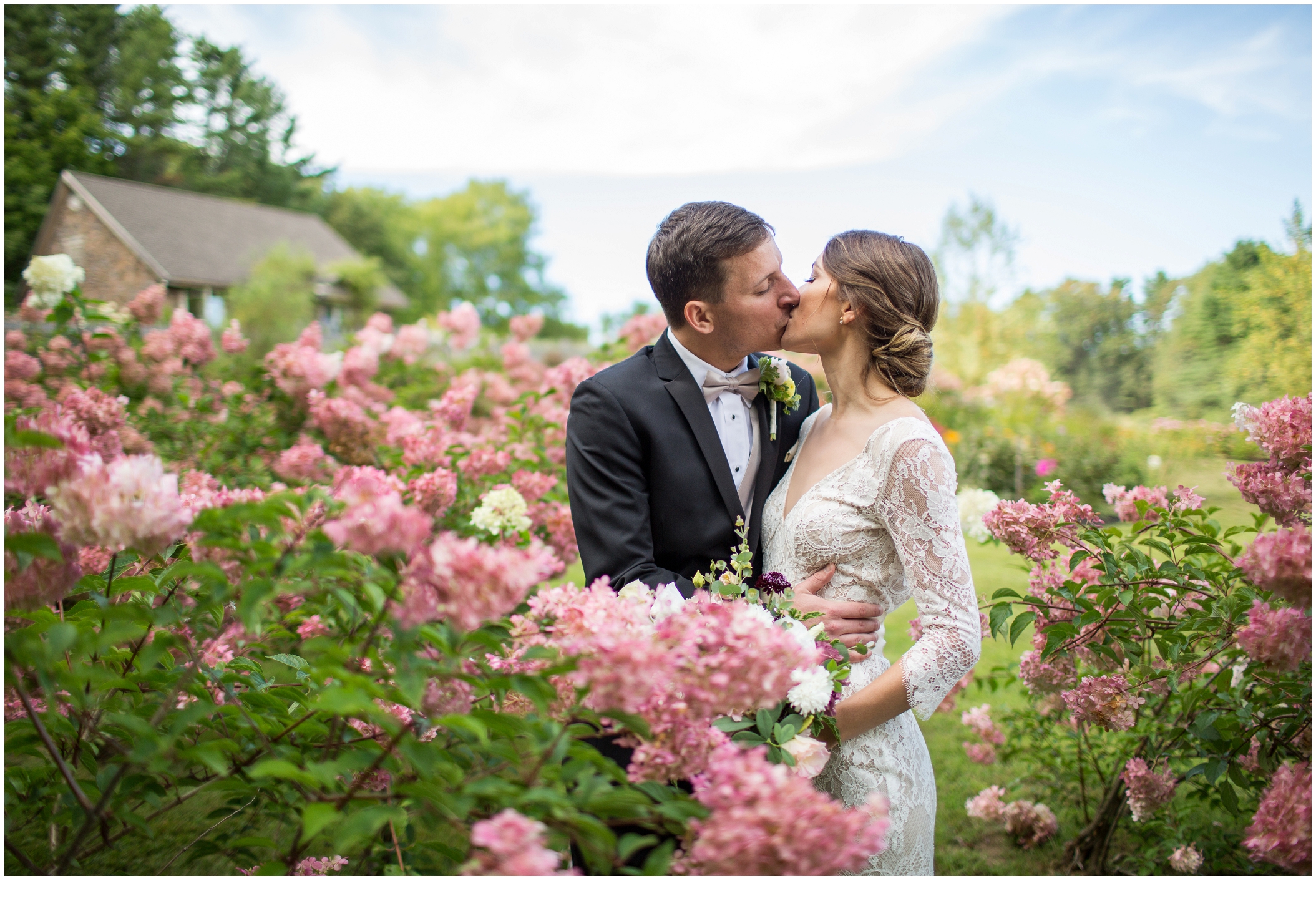 Brian and Ann's Marianmade Farm Wedding - kiss in the gardens