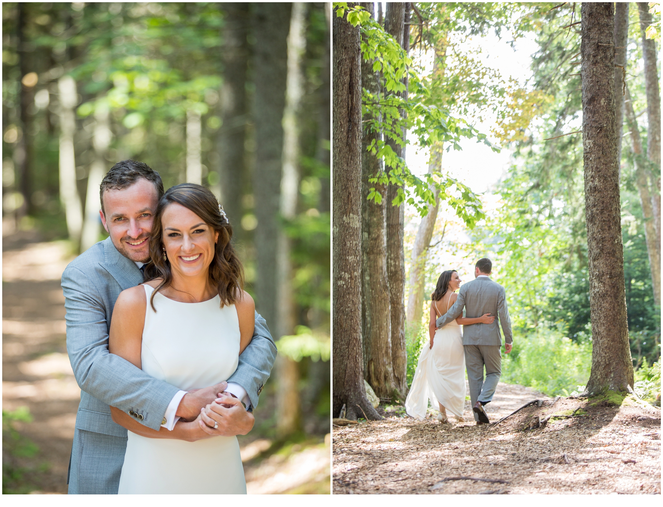 Marc and Kristinas Boothbay Harbor, Spruce Point Inn Wedding | Bride and Groom in the woods of Maine