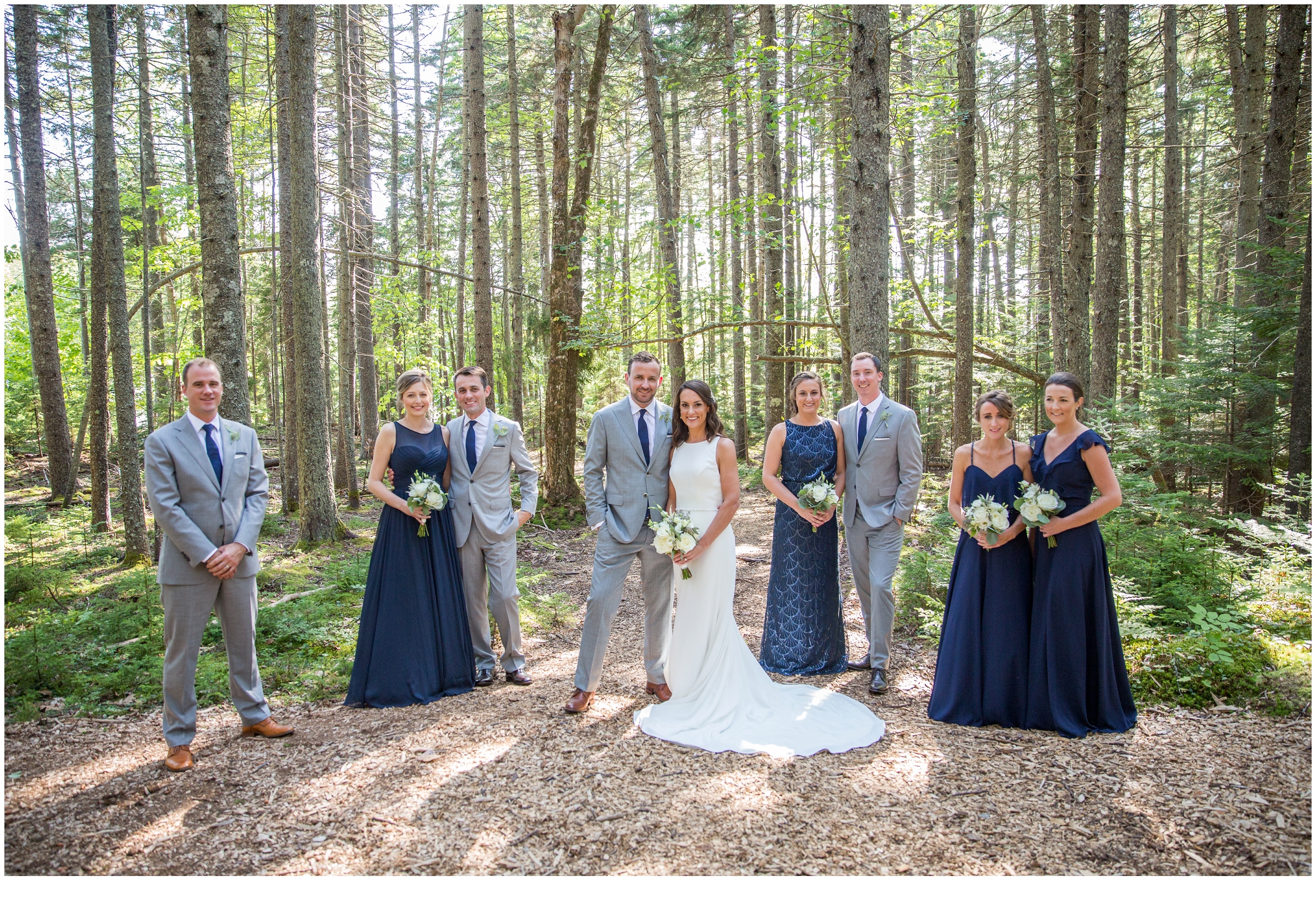 Marc and Kristinas Boothbay Harbor, Spruce Point Inn Wedding | Bridal Party in the woods of Boothbay Harbor Maine