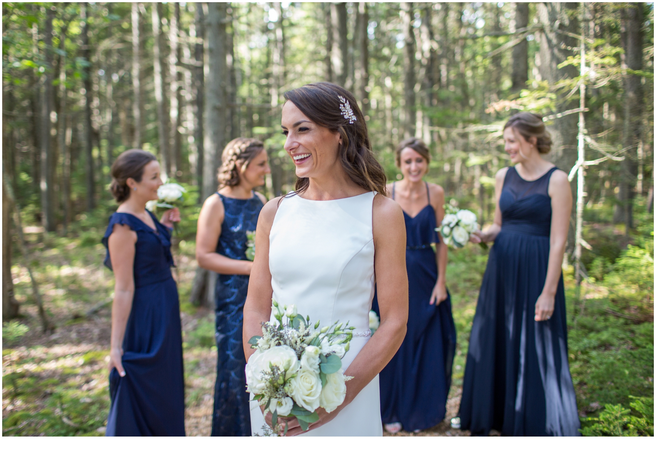 Marc and Kristinas Boothbay Harbor, Spruce Point Inn Wedding | bride and bridesmaids