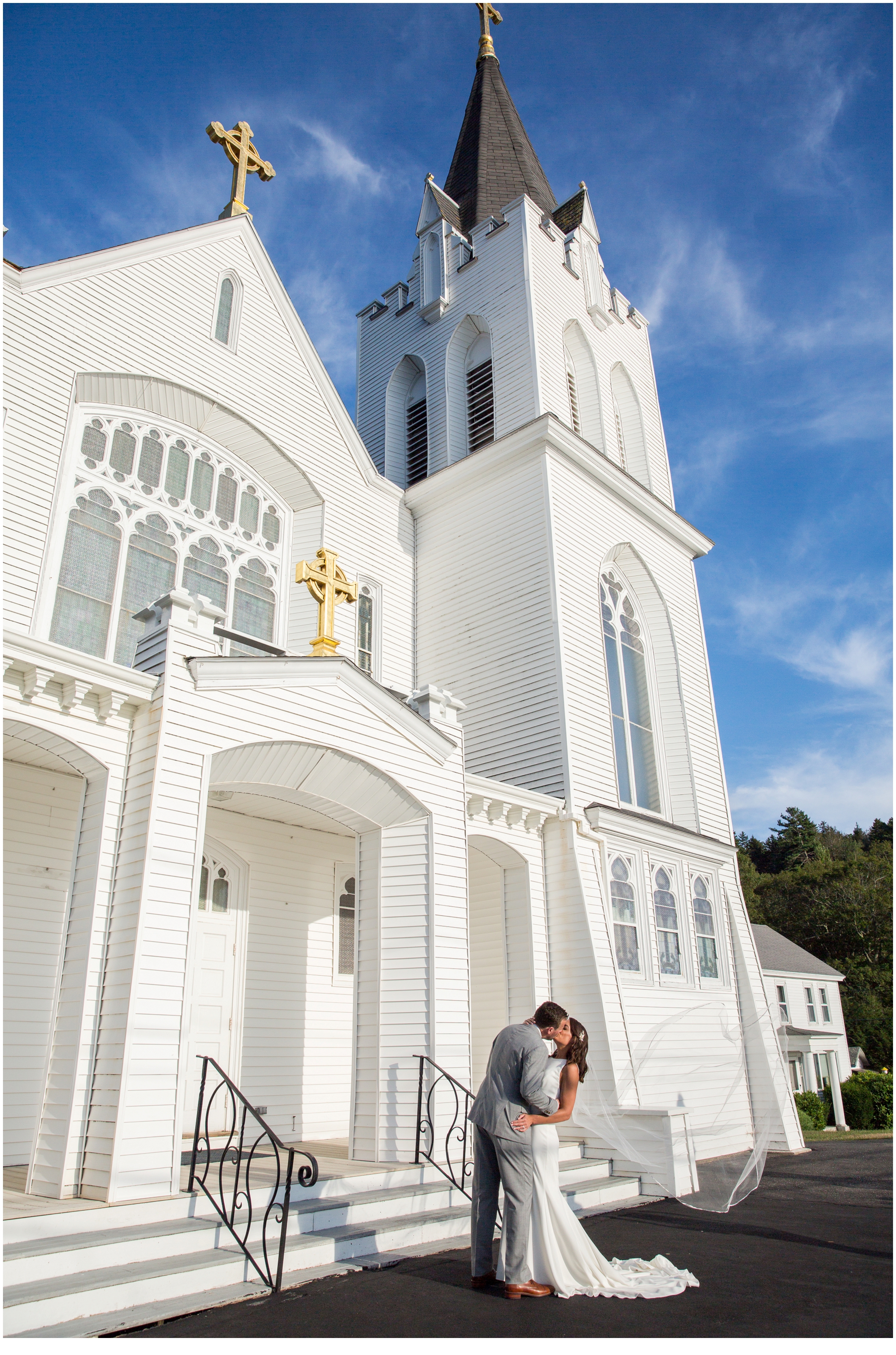 Marc and Kristinas Boothbay Harbor, Spruce Point Inn Wedding | brid eand groom outside the church