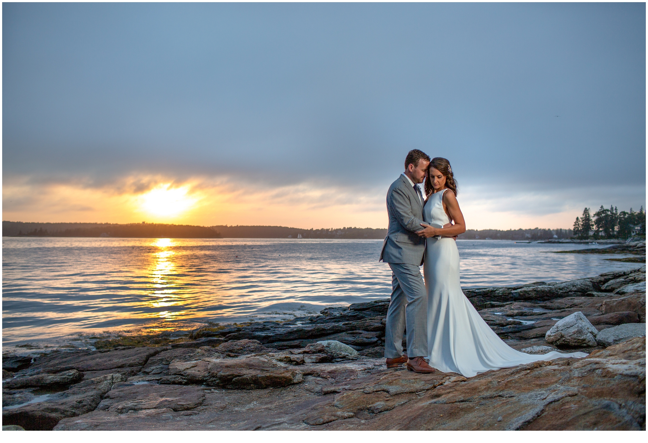 Marc and Kristinas Boothbay Harbor, Spruce Point Inn Wedding | bride and groom on rocky coast