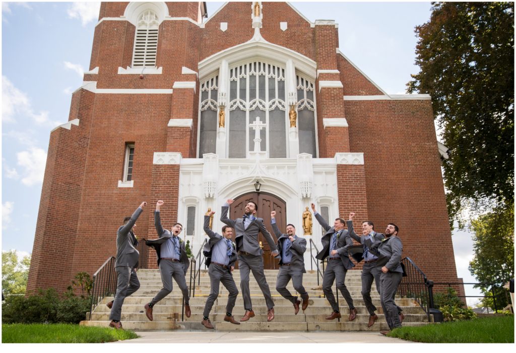 Bradstreet Farm Wedding | Groom and Goomsmen jumping on church stairs