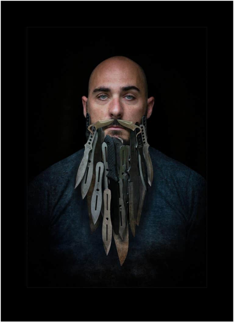 Steel - Knives in a man's beard concept shoot