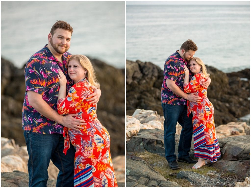 Kittery Point Engagement: Drew and Sarah in hawaiian shirts on the rocks by the water